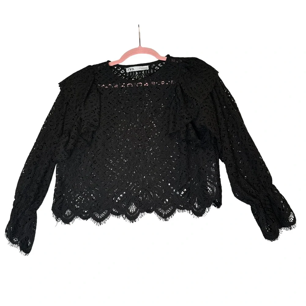 Zara Goth Black Guipure Lace Ruffle Blouse Scallop Hem Long Sleeve Top Medium